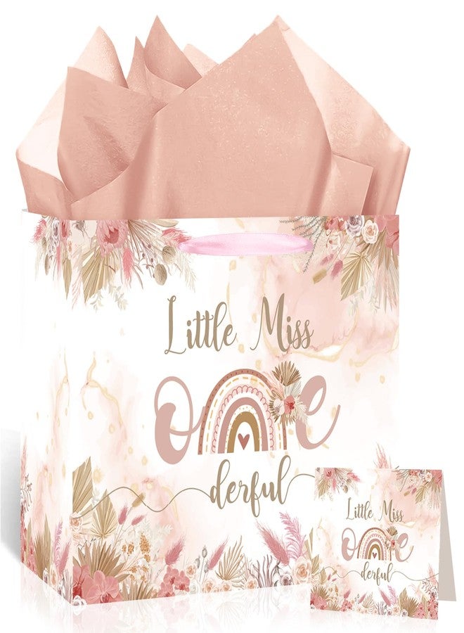 Woosytoo Onederful 1st Birthday Gift Bag for Baby Girl, Boho Floral First Birthday Gift Bags with Tissue Paper Greeting Card Little Miss Onederful Wrapping Paper Bag for Newborn Baby Shower One Year Old Party - Image 1